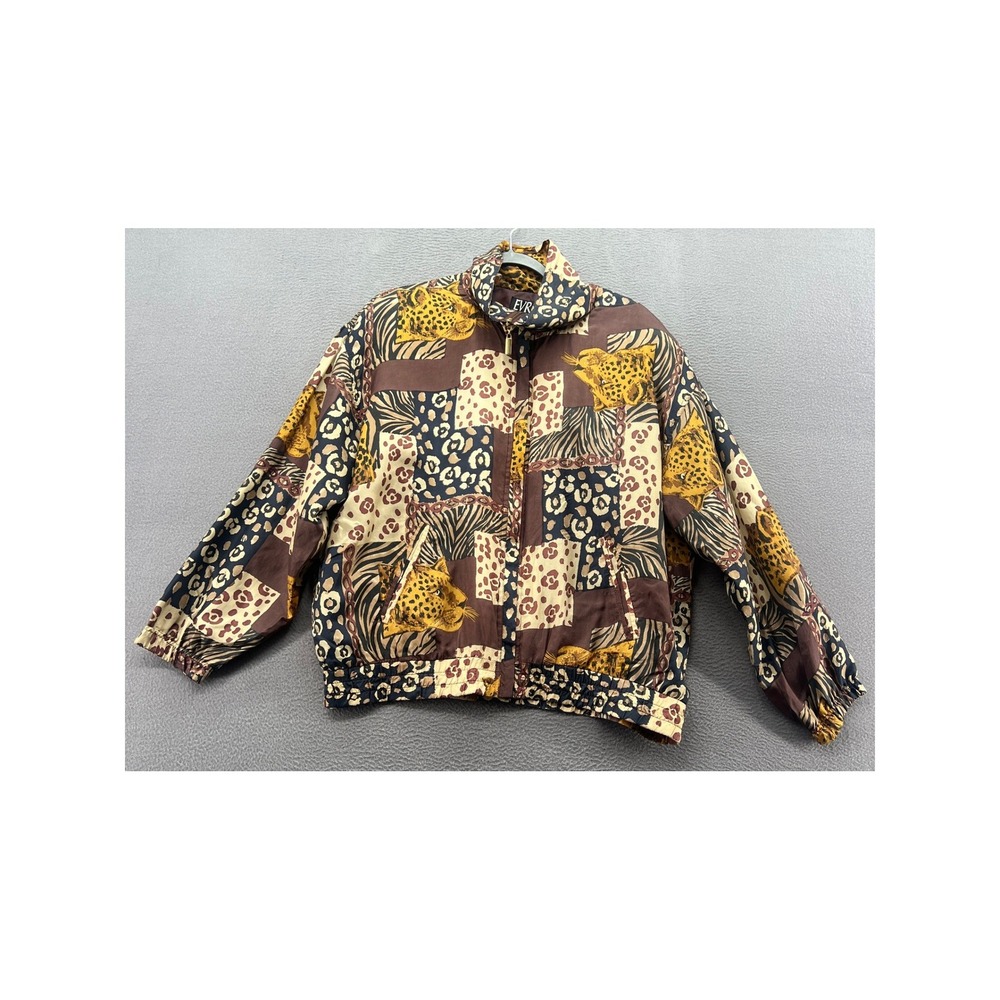 VTG EVR 100% Silk Jacket Animal Print Bomber Jacket Brown Leopard Zebra Sz M